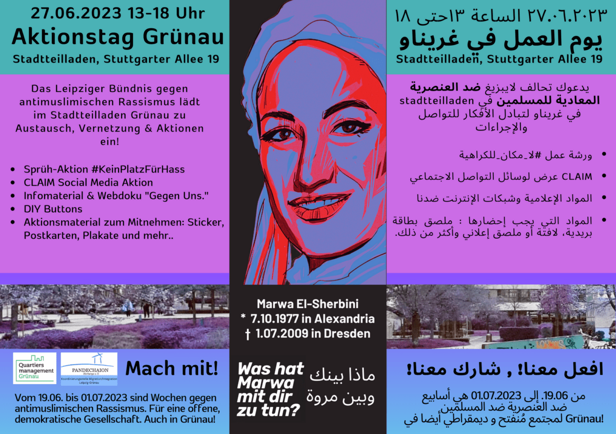 Flyer Aktionstag in Grünau auf Deutsch, Arabisch, Kurdisch, Türkisch